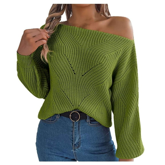 AKOEE Oversized Sweaters Women Off Shoulder Knit Tops Boat Neck Solid Color Long Sleeve Loose Pullover Jumpers (S, Green)