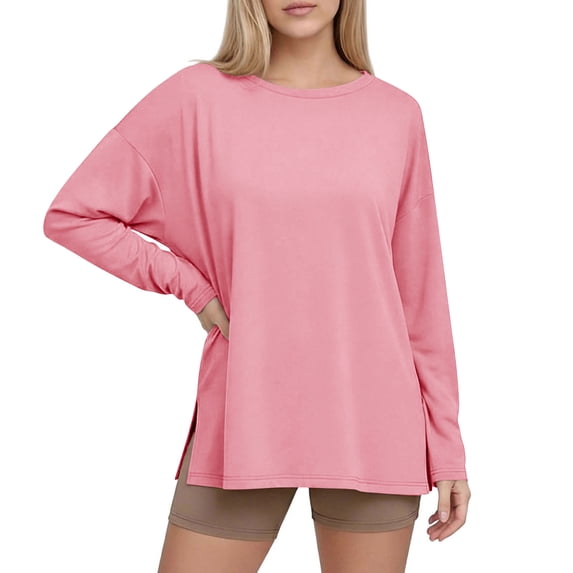 AKOEE Oversized T-Shirts for Women Long Sleeve Side Slit Workout Tops Crewneck Gym Fall Spring Casual Basic Tee (L, Pink)