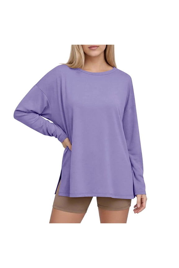 Oversized T-Shirts for Women Long Sleeve Side Slit Workout Tops Crewneck Gym Fall Spring Casual Basic Tee (L, Purple)
