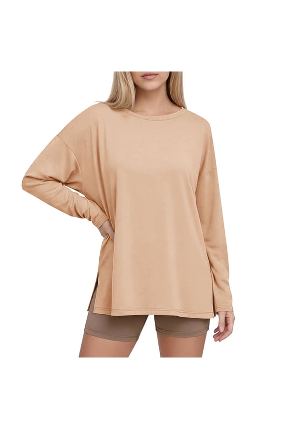 Oversized T-Shirts for Women Long Sleeve Side Slit Workout Tops Crewneck Gym Fall Spring Casual Basic Tee (XL, Beige 01)