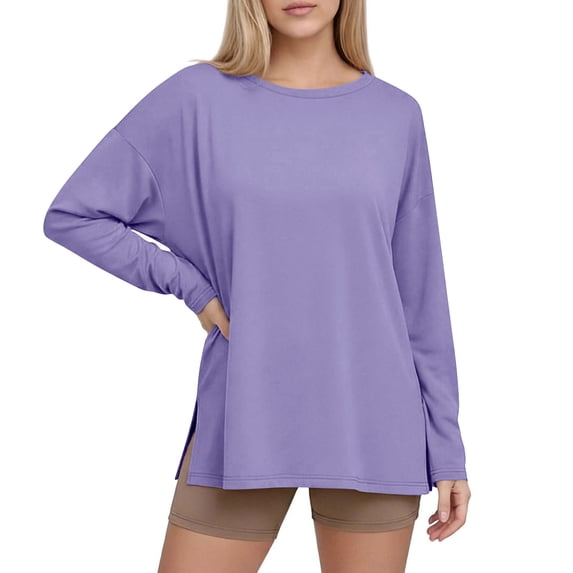 AKOEE Oversized T-Shirts for Women Long Sleeve Side Slit Workout Tops Crewneck Gym Fall Spring Casual Basic Tee (XL, Purple)