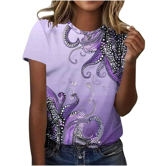 AKOEE Plus Size Cotton T-shirts Womens Ethnic Style Printed Summer Short Sleeve Tops Loose Fit Graphic Tees (L, Purple)