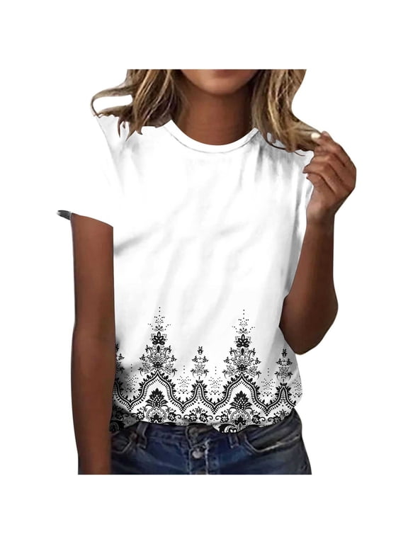 Plus Size Cotton T-shirts Womens Ethnic Style Printed Summer Short Sleeve Tops Loose Fit Graphic Tees (XL, White)