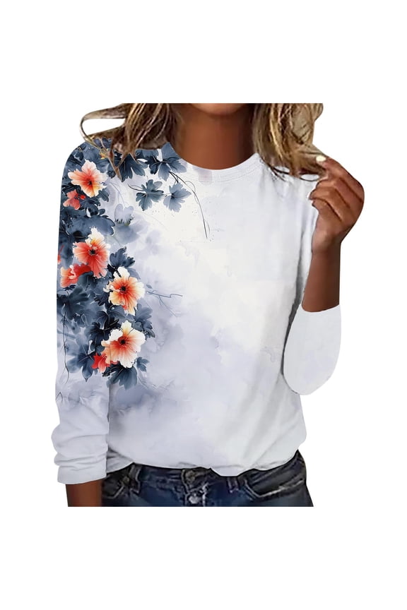 Plus Size Cotton Tops Round Neck Long Sleeve Graphic Print T-shirts Loose Fit Spring Fall Winter Tees (S, Brown 01)