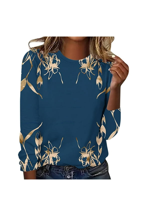 Plus Size Cotton Tops Round Neck Long Sleeve Graphic Print T-shirts Loose Fit Spring Fall Winter Tees (XL, Black 05)