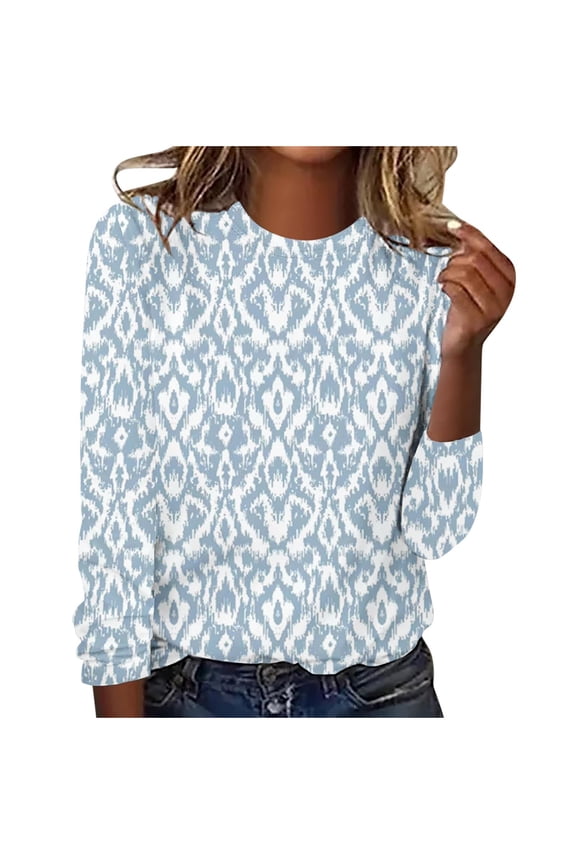 Plus Size Cotton Tops Round Neck Long Sleeve Graphic Print T-shirts Loose Fit Spring Fall Winter Tees (XL, Light Blue)