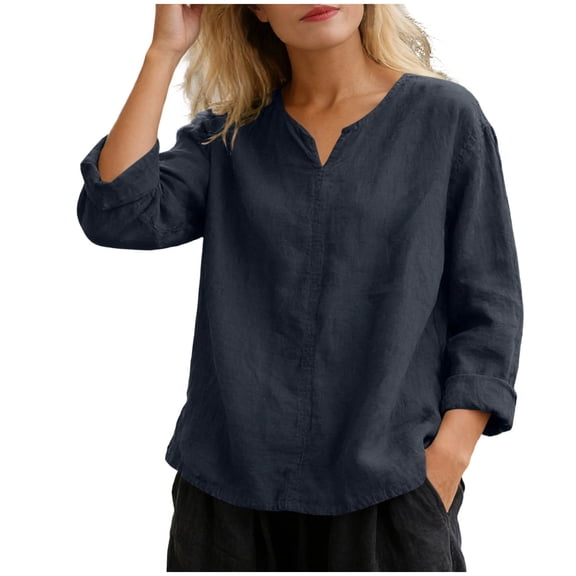 AKOEE Plus Size Linen Tops Short Sleeve V Neck Casual Beach Spring Fall Blouses Tops for Women Loose S-3X (5XL, Navy)