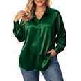 thumbnail image 1 of AKOEE Plus Size Shirts for Women Button Down Dressy Casual Soft Satin Long Sleeve XL-5X Lapel Collar Blouses (3XL, Green), 1 of 8