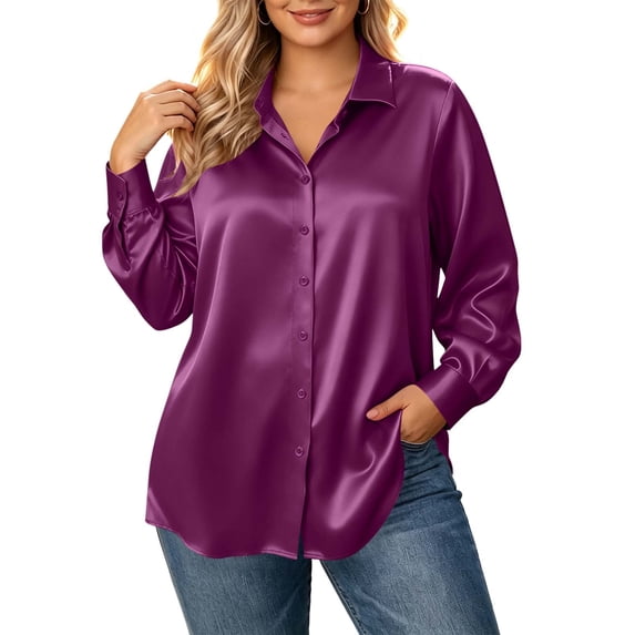 AKOEE Plus Size Shirts for Women Button Down Dressy Casual Soft Satin Long Sleeve XL-5X Lapel Collar Blouses (5XL, Purple)