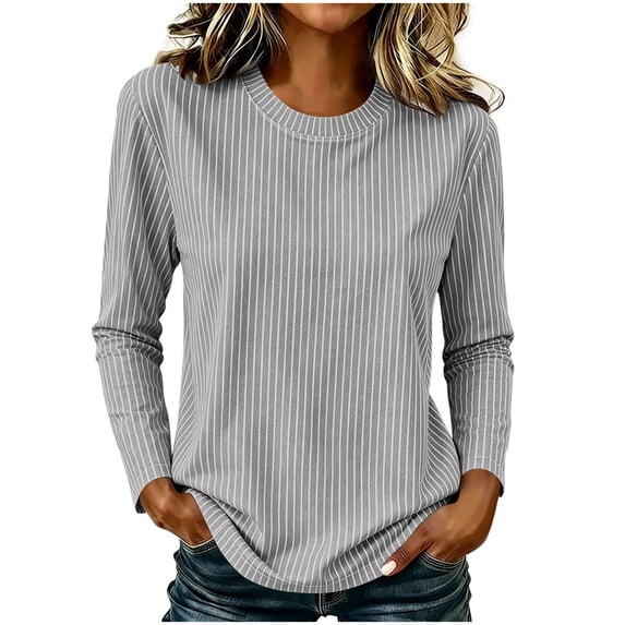 AKOEE Plus Size Striped Tops for Women Crewneck Pullover Long Sleeve Casual T-Shirts Spring Fall Clothes (2XL, Gray)