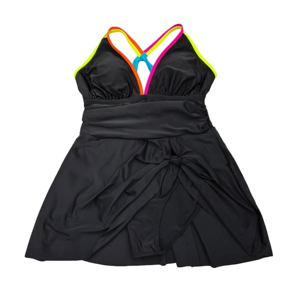 AKOEE Plus Size Swimsuit for Women One Piece with Shorts Swim Skirt Swimwear Colorblock Strappy Bathing Suit (3XL, Black)