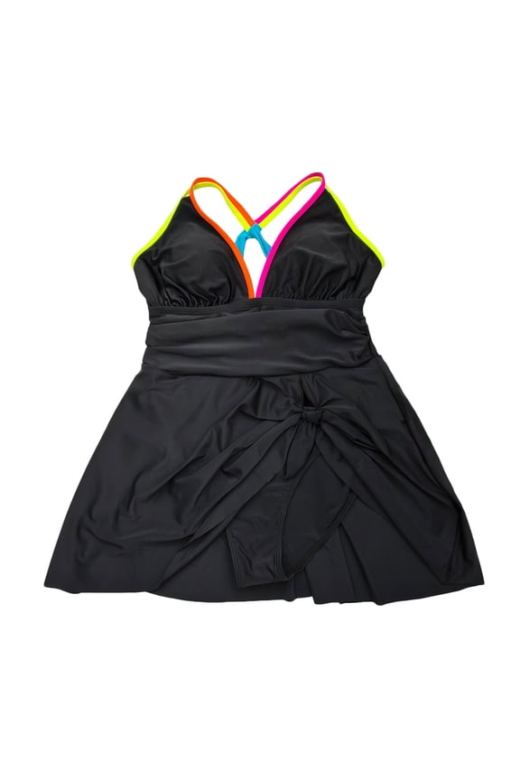 Plus Size Swimsuit for Women One Piece with Shorts Swim Skirt Swimwear Colorblock Strappy Bathing Suit (XL, Black)