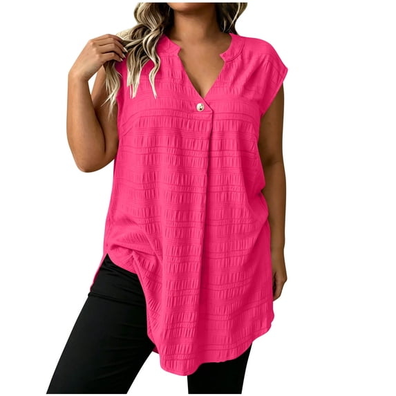 AKOEE Plus Size Tank Tops Womens Sleeveless Loose Fit One-button V Neck Tunics Solid Casual Summer Blouses (2XL, Hot Pink)