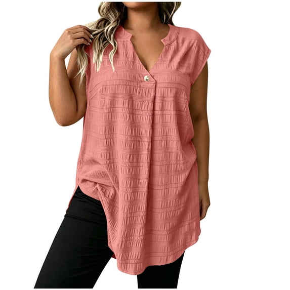 AKOEE Plus Size Tank Tops Womens Sleeveless Loose Fit One-button V Neck Tunics Solid Casual Summer Blouses (3XL, Pink)