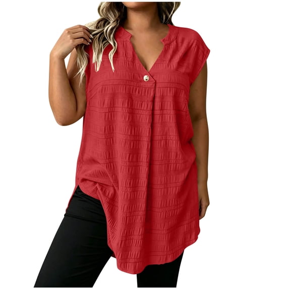 AKOEE Plus Size Tank Tops Womens Sleeveless Loose Fit One-button V Neck Tunics Solid Casual Summer Blouses (3XL, Red)