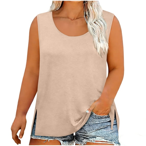 AKOEE Plus Size Tank Tops for Women Side Split Hem Casual Crewneck Summer Base Tee Sleeveless Plain Tshirts (2XL, Beige)