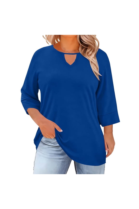Plus Size Tops for Women 3/4 Length Sleeve Cutout Crew Neck Plain Tshirts Casual Spring Summer Basic Tee (L, Blue)