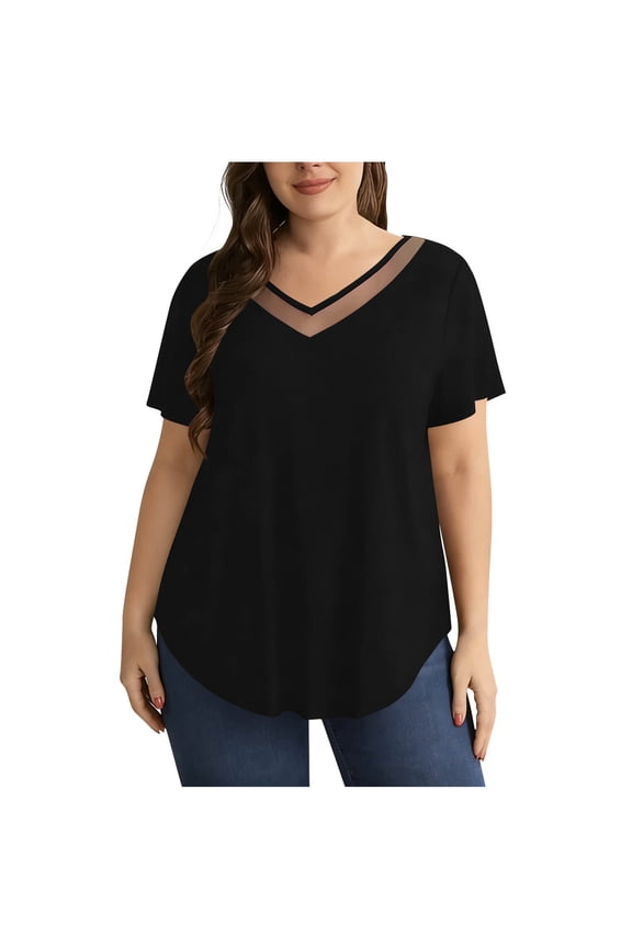 Plus Size Tops for Women Casual Dressy Mesh Patchwork V Neck Short Sleeve Flowy Summer Blouse T-shirt (2XL, Black)