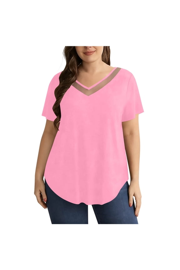 Plus Size Tops for Women Casual Dressy Mesh Patchwork V Neck Short Sleeve Flowy Summer Blouse T-shirt (2XL, Pink)