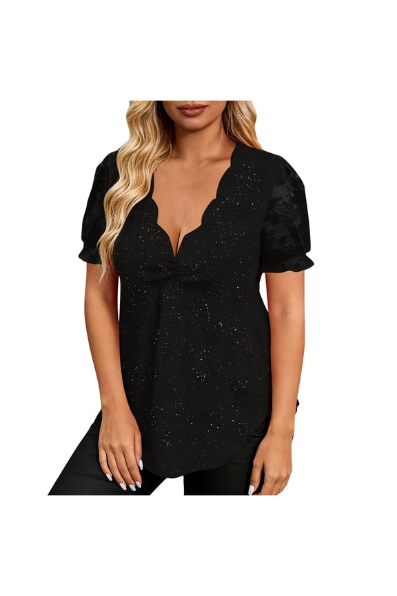 Plus Size Tops for Women Scalloped V Neck Blouse Ruffle Lace Short Sleeve Curved Hem Party Tunic Tee Shirt (M, Black)