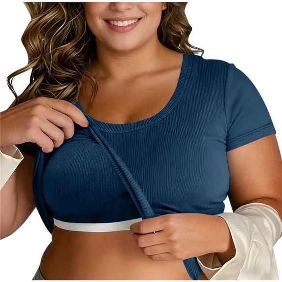 AKOEE Plus Size Tops with Built in Bra Women Short Sleeve Slim Fit Rib-Knit Crop Tshirts Scoop Neck Basic Layer (3XL, Navy)