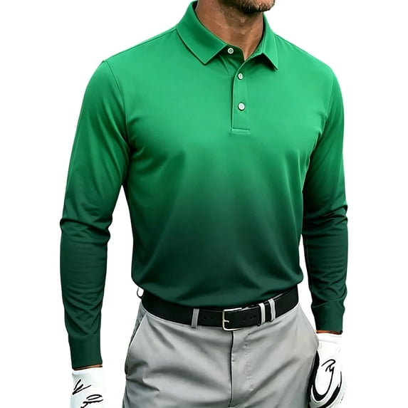 AKOEE Polos Golf Shirts for Men Gradient Color Button Collared Tops Sports Casual Long Sleeve Blouses, Green L