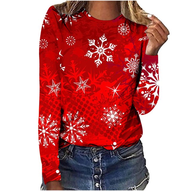 AKOEE Polyester Cotton Christmas T Shirts Women Long Sleeve Holiday