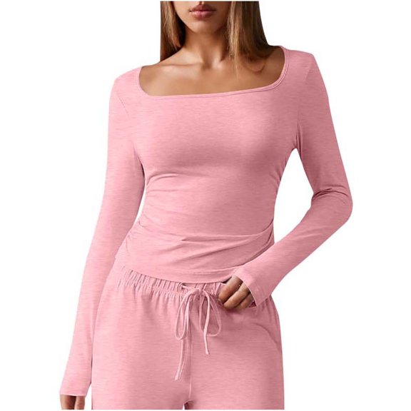 AKOEE Polyester Cotton Tshirts Womens Square Neck Slim Fit Workout Yoga Tops Long Sleeve Solid Base Tee T-shirts (M, Pink)