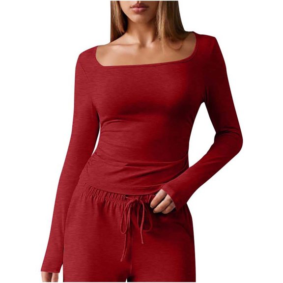 AKOEE Polyester Cotton Tshirts Womens Square Neck Slim Fit Workout Yoga Tops Long Sleeve Solid Base Tee T-shirts (M, Wine)