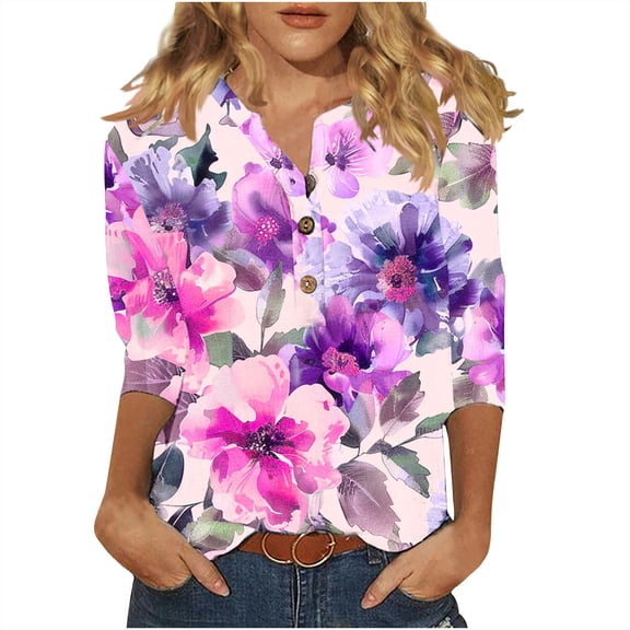 AKOEE Polyester Graphic Tee Shirts for Women Loose 3/4 Length Sleeve Summer Floral Tops Buttons Henley T Shirt (XX-Large, Purple 03)