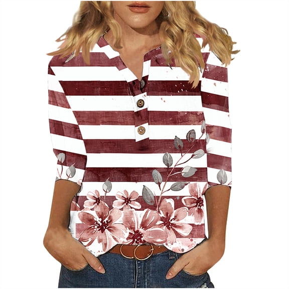 AKOEE Polyester Graphic Tee Shirts for Women Loose 3/4 Length Sleeve Summer Floral Tops Buttons Henley T Shirt (XX-Large, Red)
