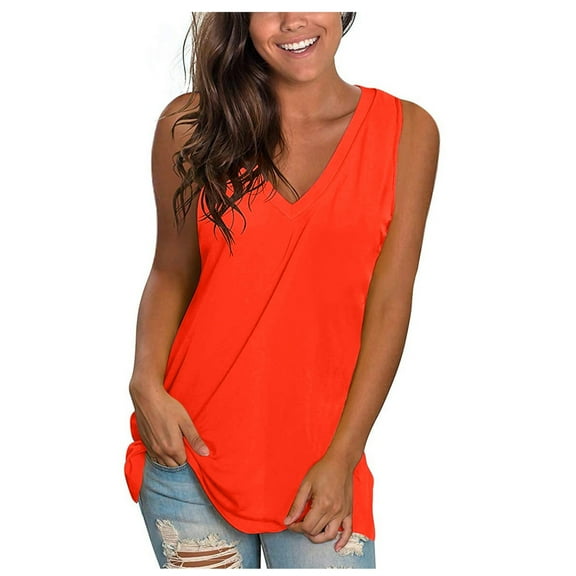 AKOEE Polyester Tank Tops Womens Summer Loose Fit Solid Color Sleeveless V Neck Casual Tunics Cotton T-shirts (Medium, Orange)