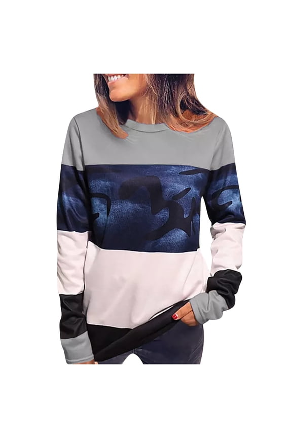 Polyester Tops Womens Long Sleeve Lightweight Striped Colorblock Sweatshirts Crewneck Casual Plus Size Shirt (M, Gray)