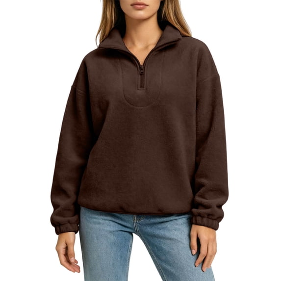 AKOEE Quarter Zip Pullover Womens Fleece Fuzzy Sweater Loose Long Sleeve Casual Warm Plain Sweatshirts Winter (L, Brown)