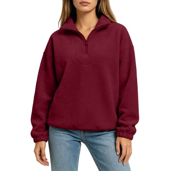 AKOEE Quarter Zip Pullover Womens Fleece Fuzzy Sweater Loose Long Sleeve Casual Warm Plain Sweatshirts Winter (L, Wine)