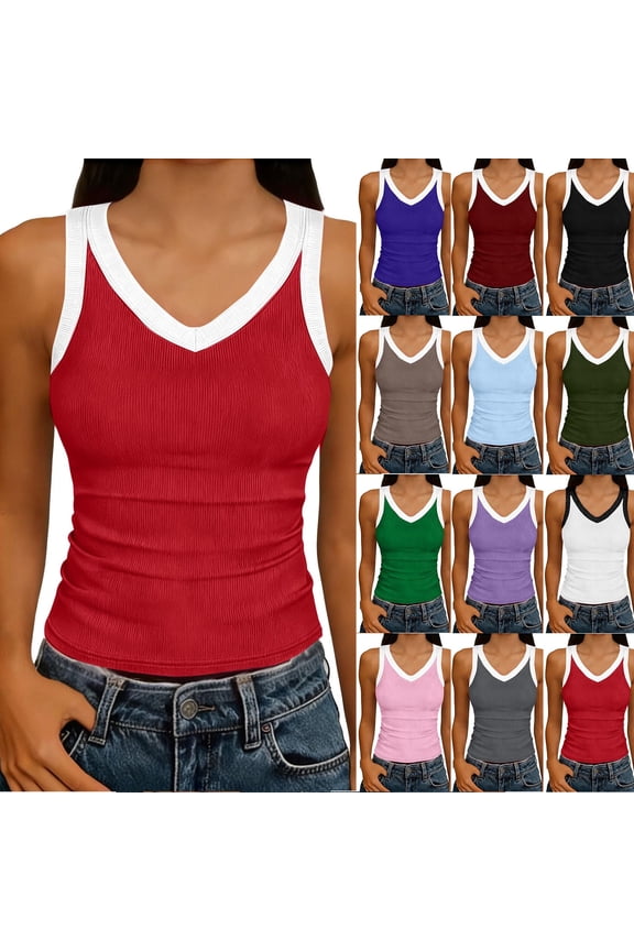 Ribbed Knit Tank Tops for Women Sleeveless V Neck Cropped T-shirt Colorblock Casual Basic Camisole Tees (XL, Red)
