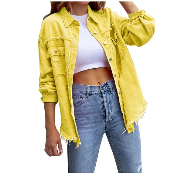 AKOEE Ripped Denim Shirt for Women Fall Casual Pockets Loose Button Down Jean Jacket Long Sleeve Outerwear (Small, Yellow)