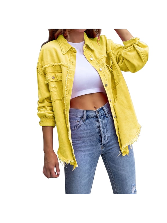 Ripped Denim Shirt for Women Fall Casual Pockets Loose Button Down Jean Jacket Long Sleeve Outerwear (X-Large, Yellow)