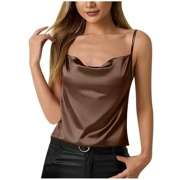 AKOEE Satin Camisole Tops for Women Soft Silk Cowl Neck Tank Top Spaghetti Strap Dressy Sleeveless Blouses (L, Brown)