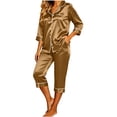thumbnail image 1 of AKOEE Satin Capri Pajamas for Women 2 Piece Sets Soft 3/4 Sleeve Button Up Shirt Capris Pant Lounge Sleepwear (XL, Brown), 1 of 8