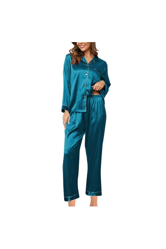 Satin Silk Pajamas for Women Set Button Down Soft Cozy Sleepwear Long Sleeve Home Nightwear Shirt and Pant (2XL, Sky Blue)