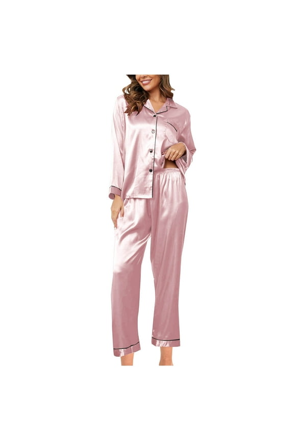 Satin Silk Pajamas for Women Set Button Down Soft Cozy Sleepwear Long Sleeve Home Nightwear Shirt and Pant (L, Pink)