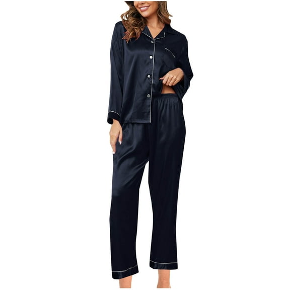 AKOEE Satin Silk Pajamas for Women Set Button Down Soft Cozy Sleepwear Long Sleeve Home Nightwear Shirt and Pant (S, Navy)