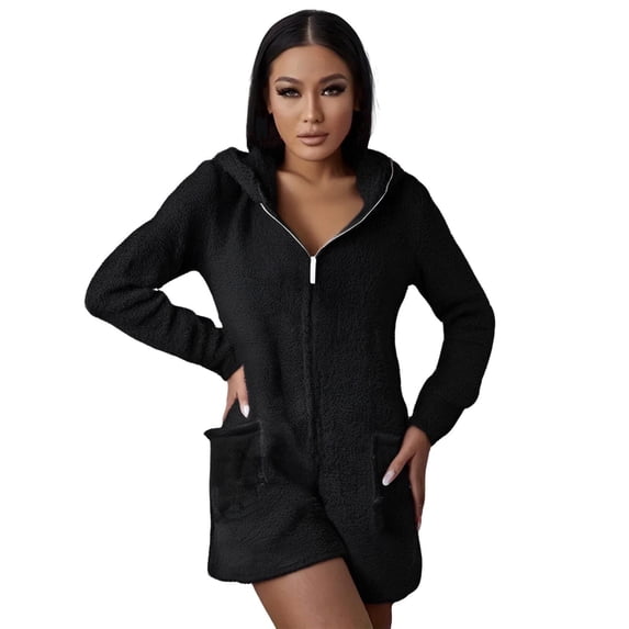 AKOEE Sherpa Fleece Oneise Short Romper Womens Cat Ear Zip Up Hoodie Pockets Winter Long Sleeve Hooded Loungewear (2XL, Black)