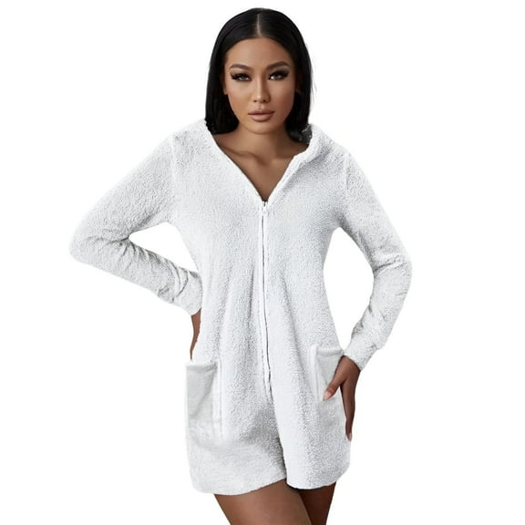 AKOEE Sherpa Fleece Oneise Short Romper Womens Cat Ear Zip Up Hoodie Pockets Winter Long Sleeve Hooded Loungewear (XL, White)