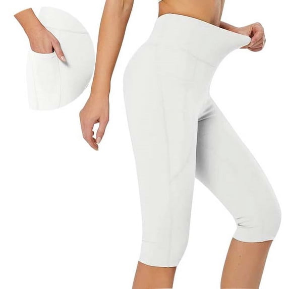 AKOEE Short Leggings for Women High Waisted with Pockets Knee Length Yoga Pants Workout Gym Summer Capris Jeggings