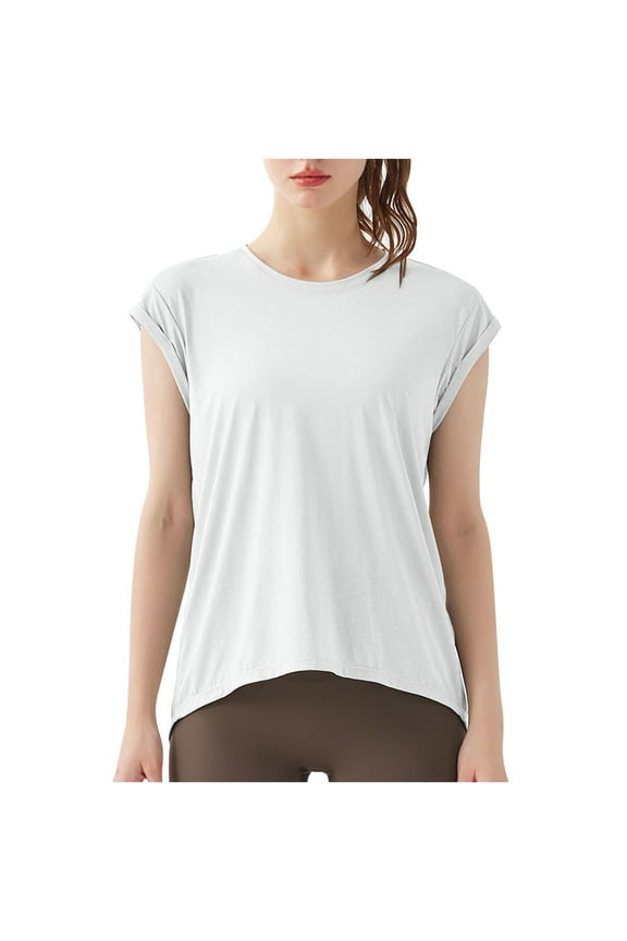 Spandex Athletic Workout Tops for Women Cut Out Open Back Split Crew Neck Cap Sleeve High Low Hem Yoga Tees (Medium, White)