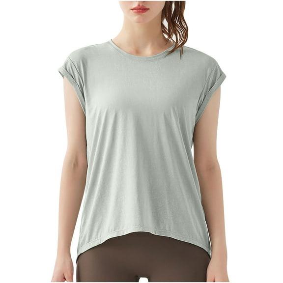 AKOEE Spandex Athletic Workout Tops for Women Cut Out Open Back Split Crew Neck Cap Sleeve High Low Hem Yoga Tees (Small, Green)