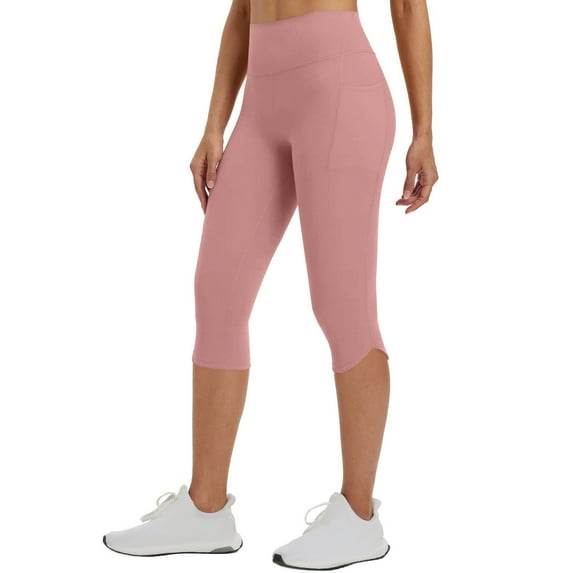 AKOEE Spandex Capri Leggings Womens High Waist Slimming Stretchy Capris Yoga Workout Pants with Pockets Activewear (L, Pink)