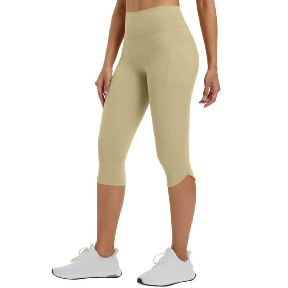 AKOEE Spandex Capri Leggings Womens High Waist Slimming Stretchy Capris Yoga Workout Pants with Pockets Activewear (S, Beige)
